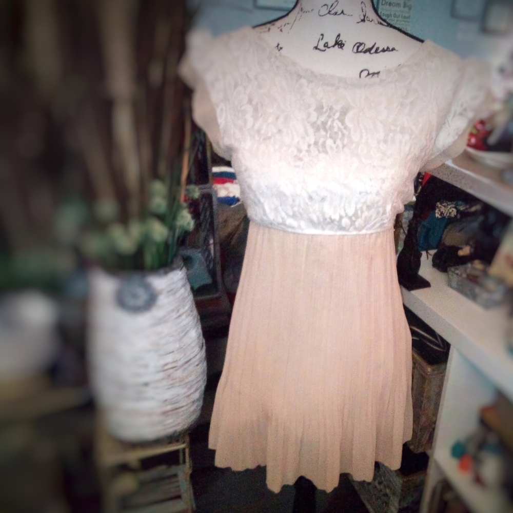 Cream Lace & Pleats Dress